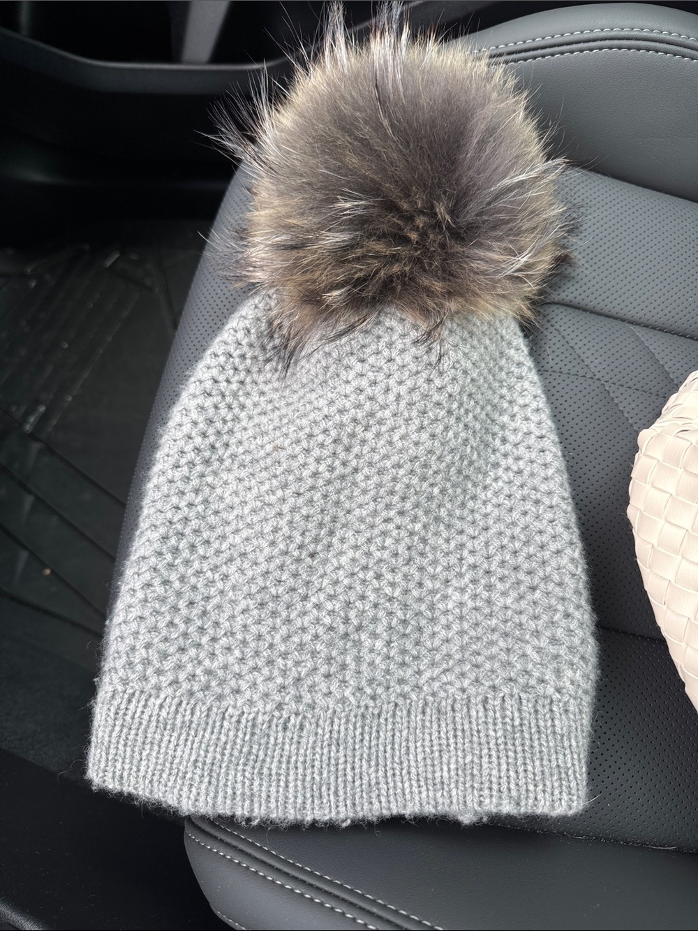 Cashmere Gray Knit Pom Beanie Hat - w fox pom Pom Women's Winter Accessory